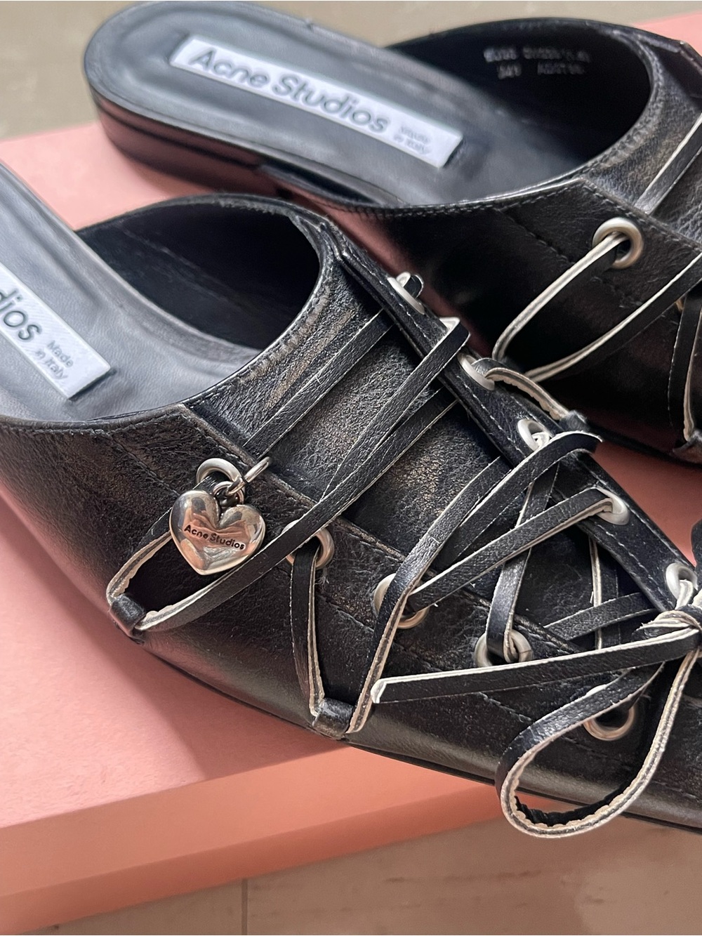 Acne Studios Lace Up Leather Pointed Toe Mules Black EU 36 US 6